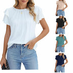 Sarah Express Women's Pleated Round Neck Blouse Short Sleeve Professional Work Top