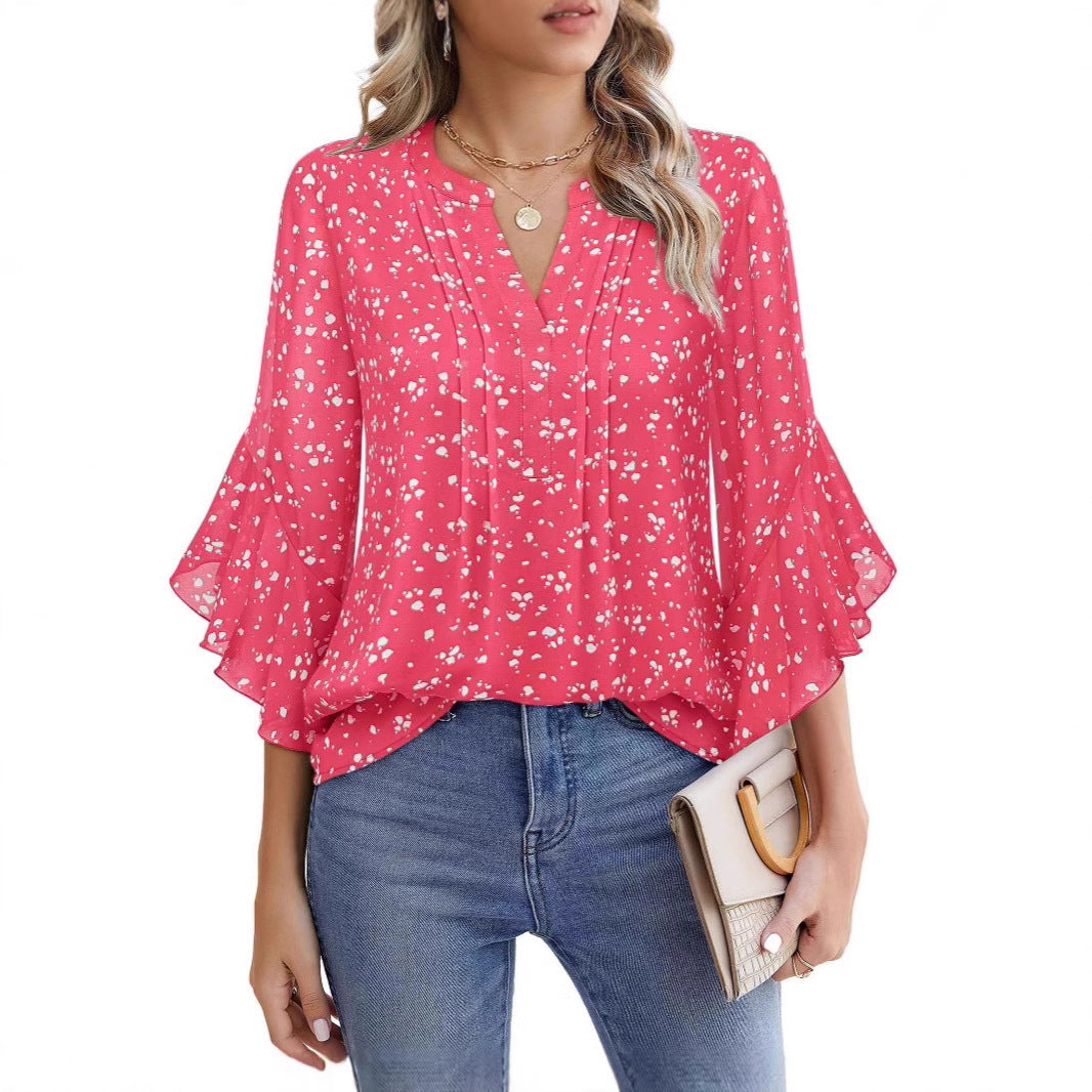Sarah Express Women's Lotus Leaf Ruffle Sleeve Pullover Top Loose Fit 3/4 Sleeve