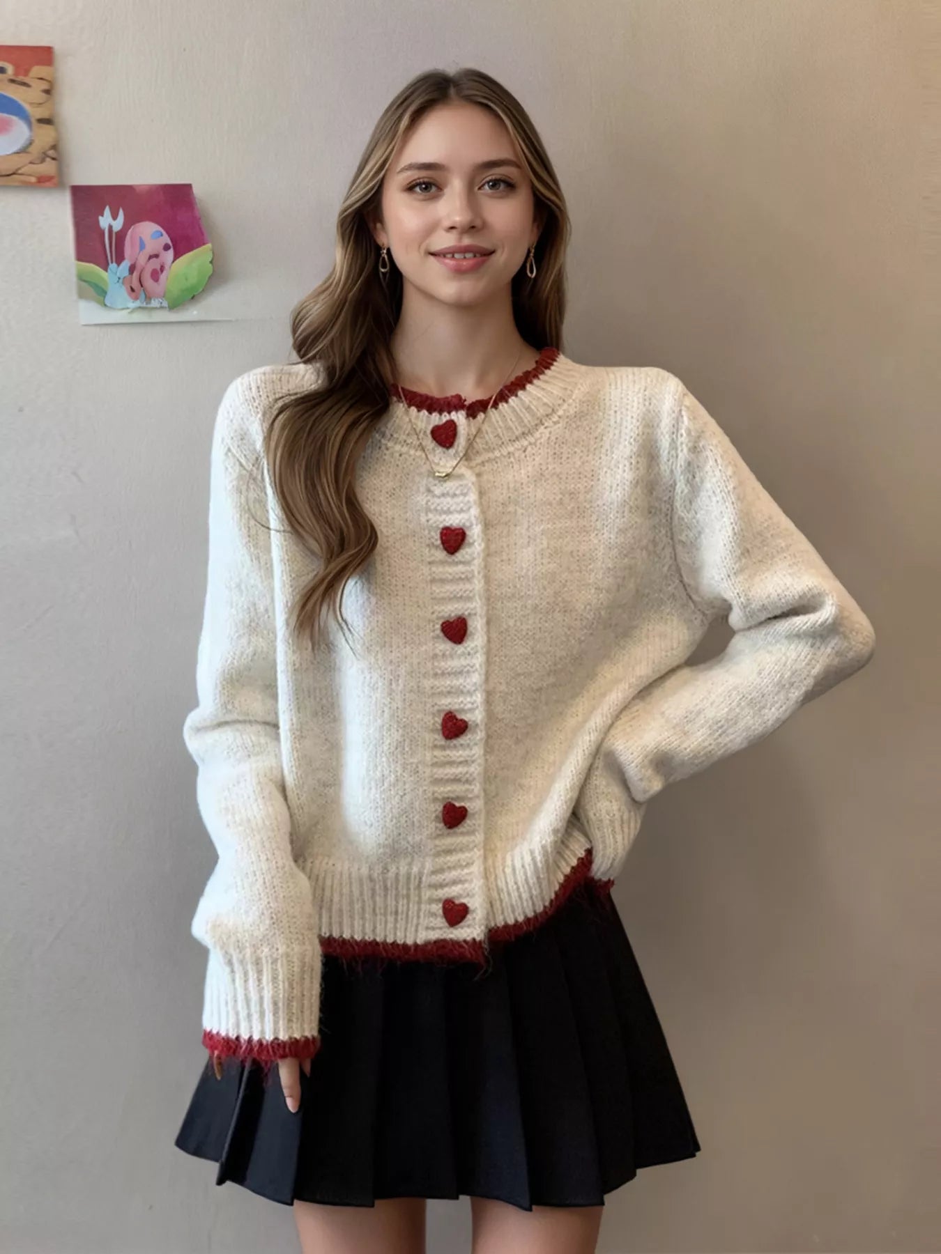 Sarah Express Heart Button Up Knit Cardigan - Contrast Stitch Sweater