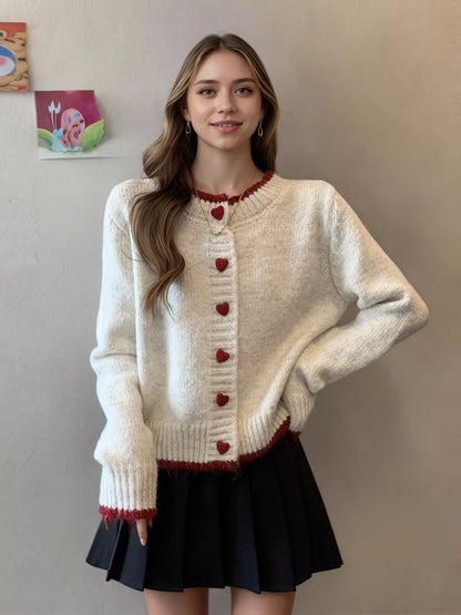 Sarah Express Heart Button Up Knit Cardigan - Contrast Stitch Sweater