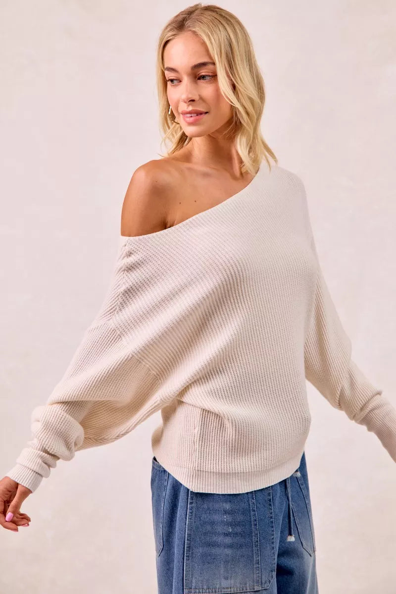 Sarah Express Women's Waffle Knit Off Shoulder Top - Ribbed Stretch Long Sleeve