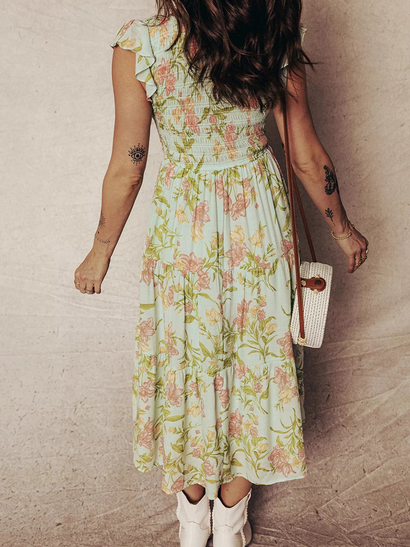 Sarah Express Women's Smocked Bodice Tiered Floral Maxi Dress - Ruffled Sleeveless Summer Dress