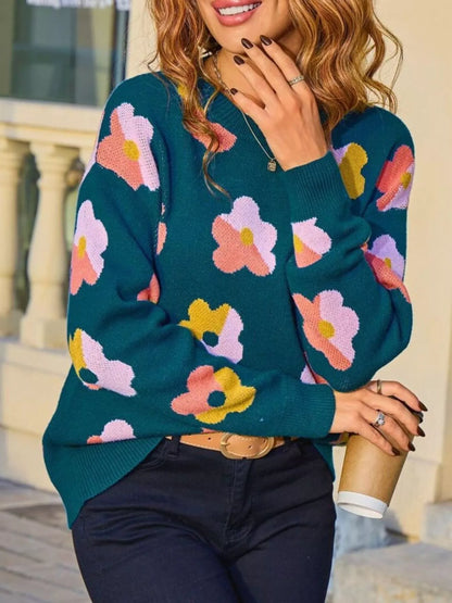 Sarah Express Women's Floral Crew Neck Long Sleeve Sweater