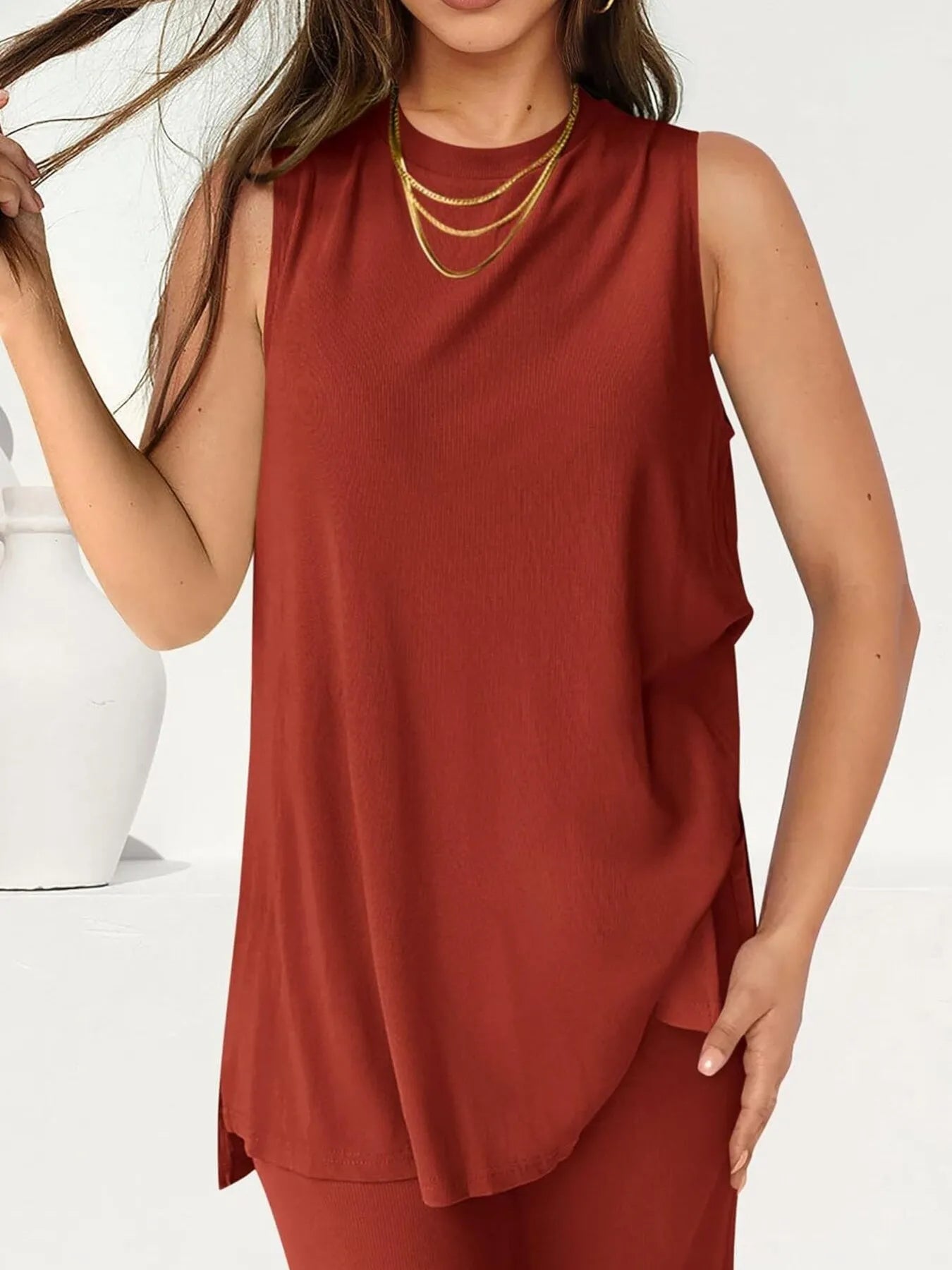 Sarah Express Women's Round Neck Tank and Pants Set Brick Red