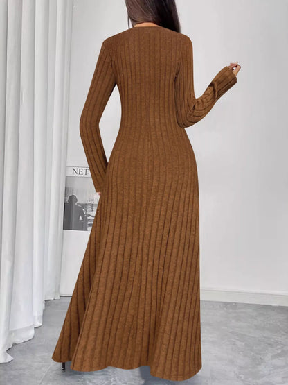 Sarah Express Women's Ribbed Knit V-Neck Maxi Dress - Button Front Long Dress