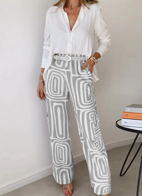 Sarah Express Women's 2-Piece Suit Set Lapel Shirt Wide Leg Pants Printed