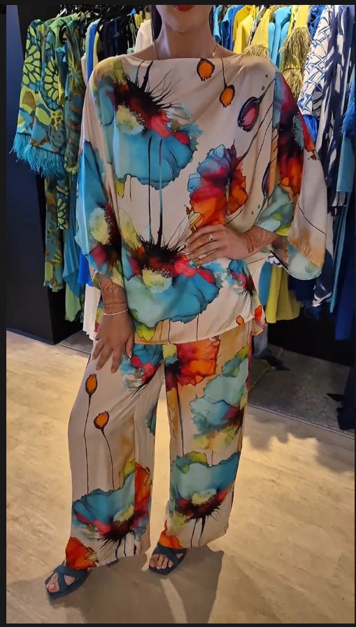 Sarah Express Women's Printed Satin Two-Piece Suit Bell Sleeve Top and Pants Set