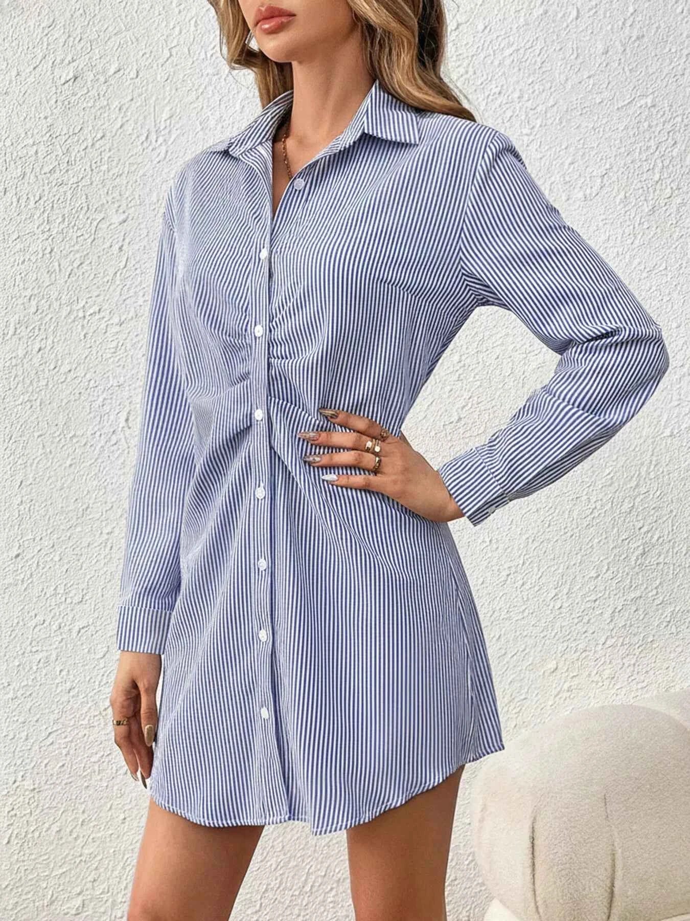 Sarah Express Women's Striped Button-Up Shirt Dress - Long Sleeve Casual Midi Dress