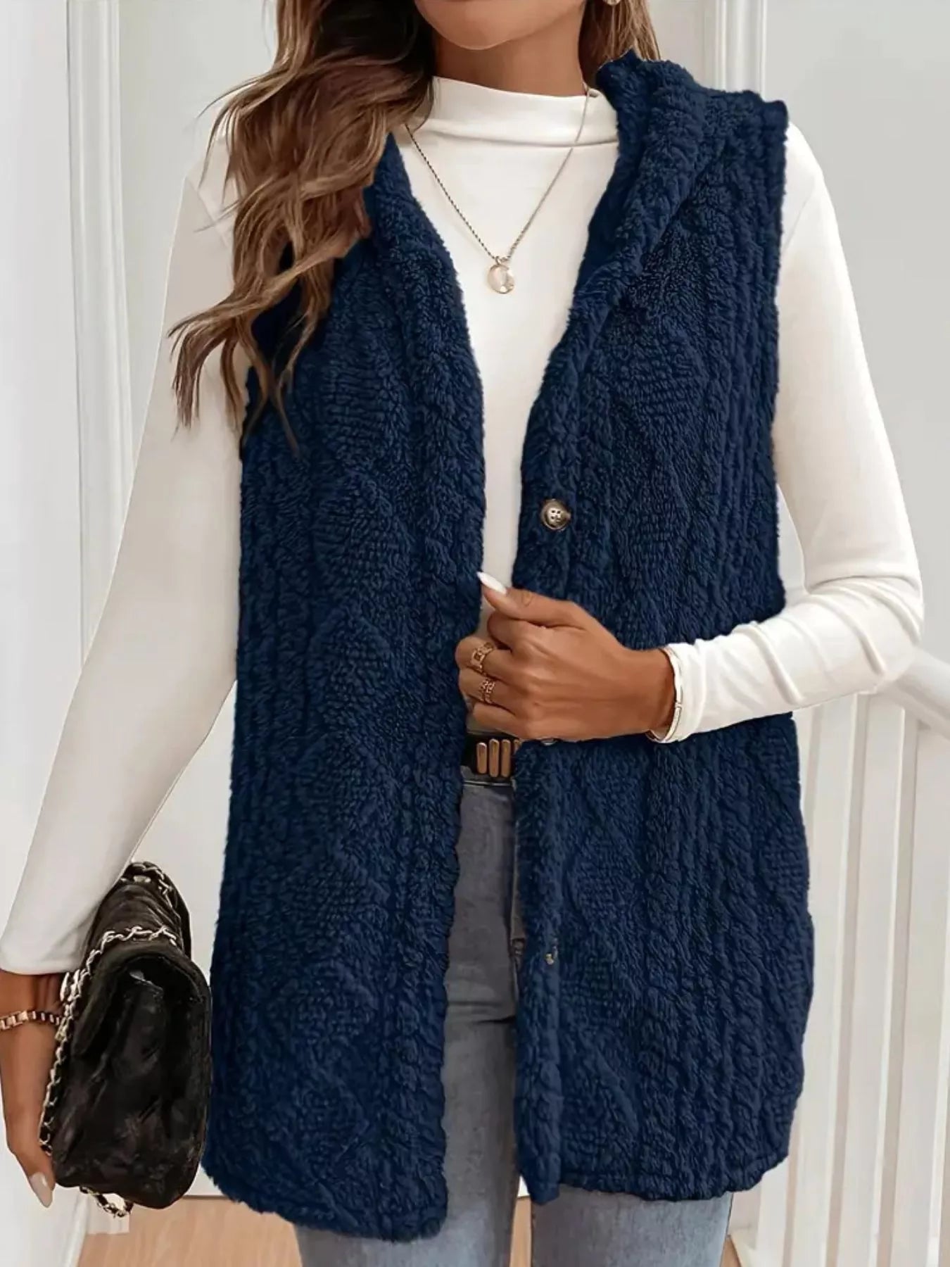 Sarah Express Women's Button-Down Sherpa Hooded Vest Coat