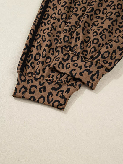 Sarah Express Women's Striped Trim Leopard Long Sleeve Top Drawstring Pant Set