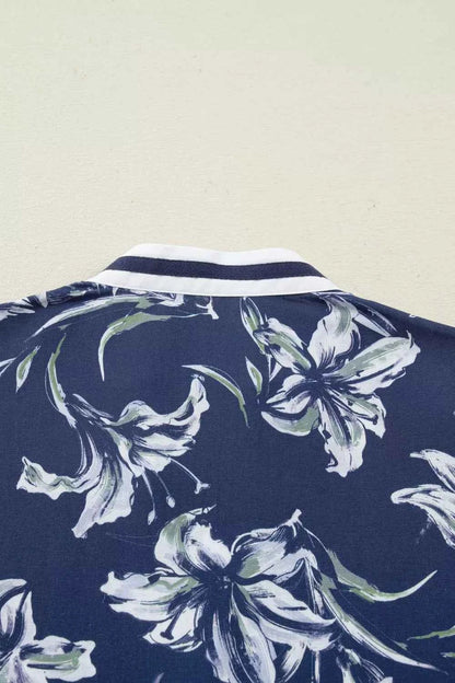 Sarah Express Women's Floral Print Puff Sleeve V-Neck Blouse with Striped Trim