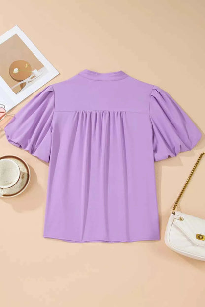 Sarah Express Women's V-Neck Puff Sleeve Blouse - Summer Fashion Top