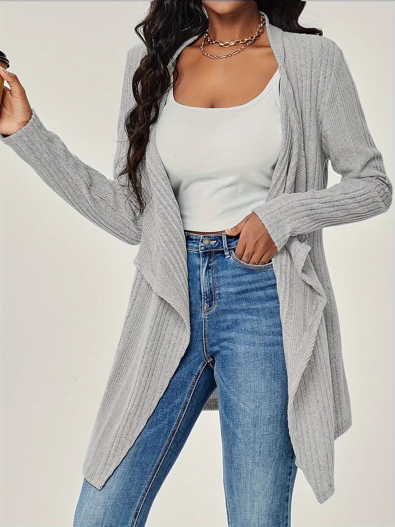 Sarah Express Women's Ribbed Knit Open Front Cardigan - Long Sleeve Lightweight Sweater Gray