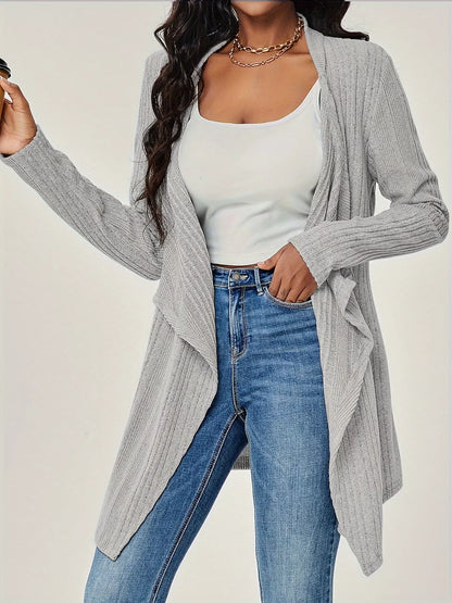 Sarah Express Women's Ribbed Knit Open Front Cardigan - Long Sleeve Lightweight Sweater Gray