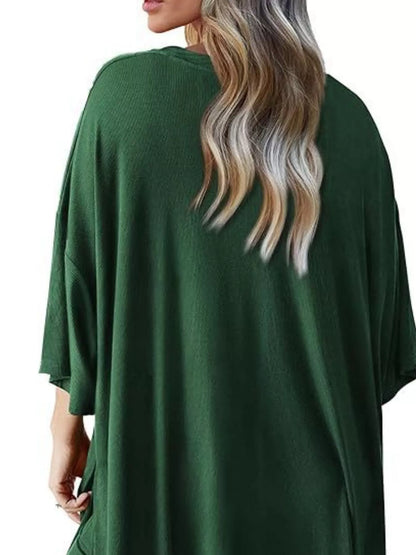 Sarah Express Women's Two Piece Slit Round Neck Top and Pants Set - Casual Loungewear Outfit