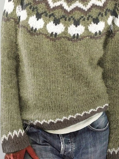 Sarah Express Women's Vintage Patterned Round Neck Sweater Plus Size