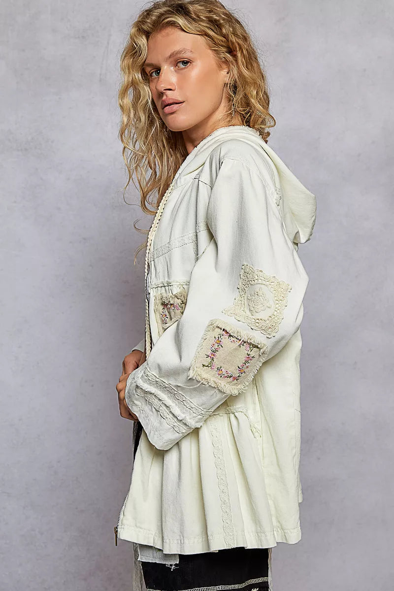 Sarah Express Women's Embroidered Patch Hooded Jacket with Lace Detail