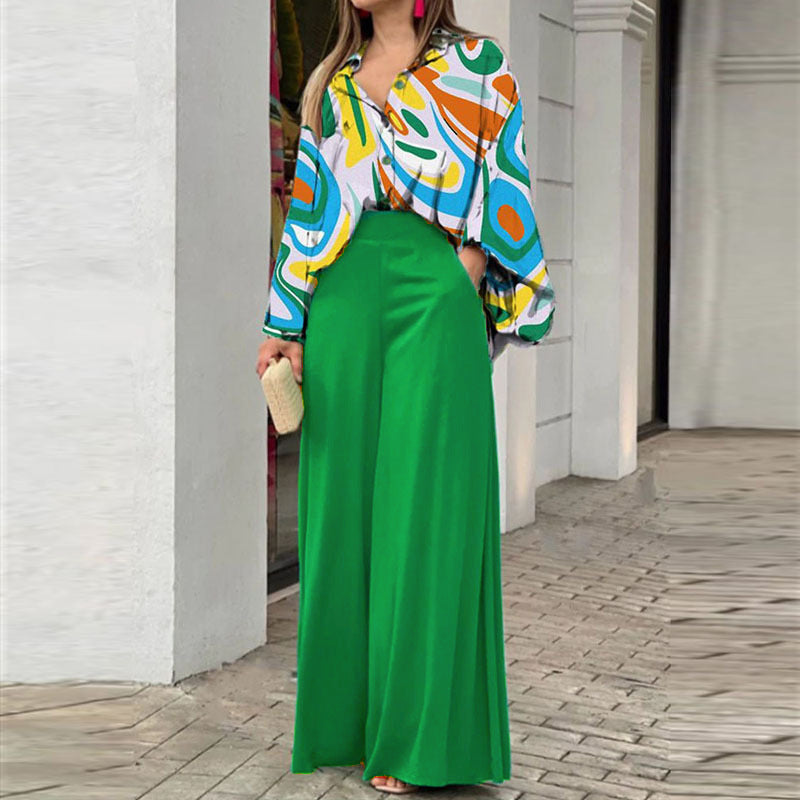 Sarah Express Women's Printed Shirt Wide Leg Pants Set Long Sleeve