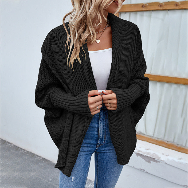 Sarah Express Women's Oversized Knit Cardigan - Batwing Sleeve Open Front Sweater Jacket Black