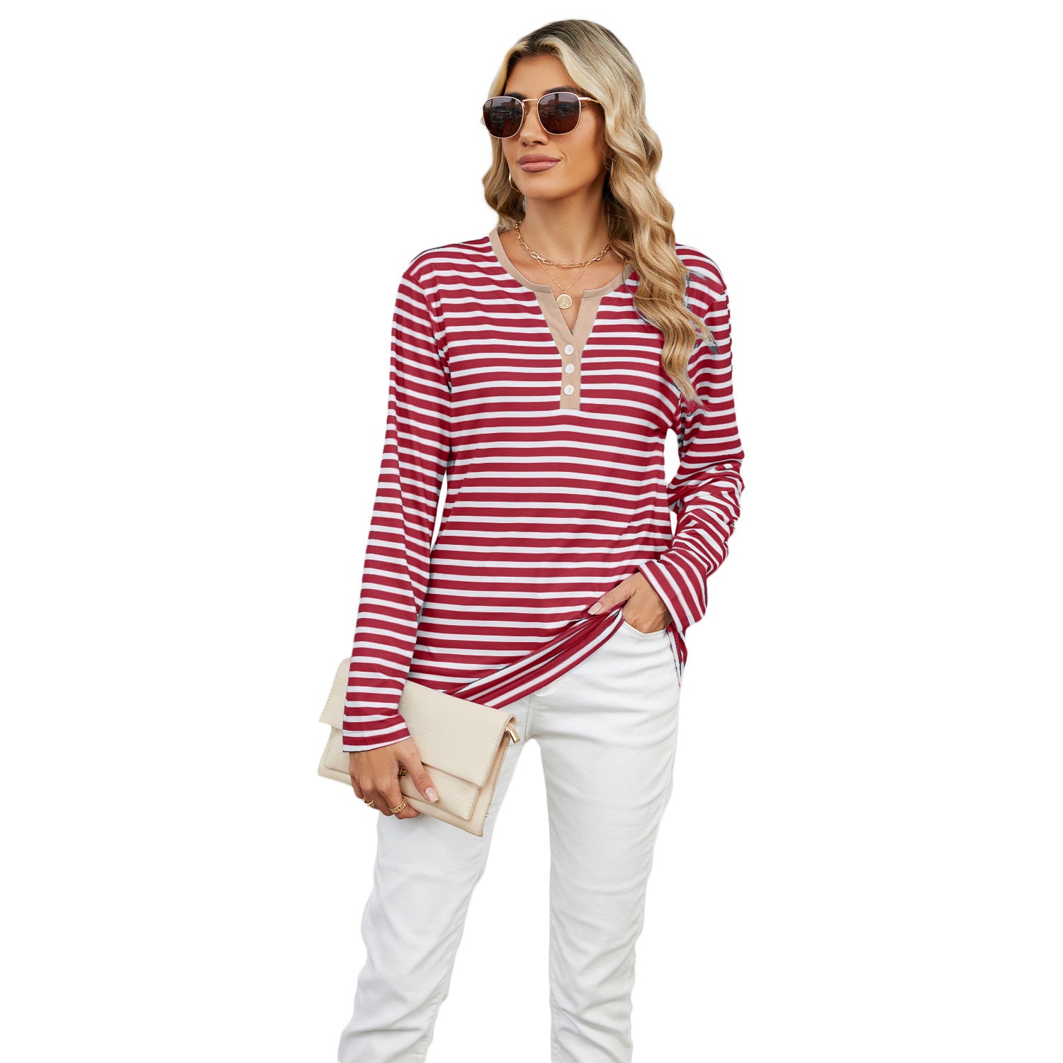 Sarah Express Women's V-Neck Striped Long Sleeve T-Shirt Loose Fit Casual Top