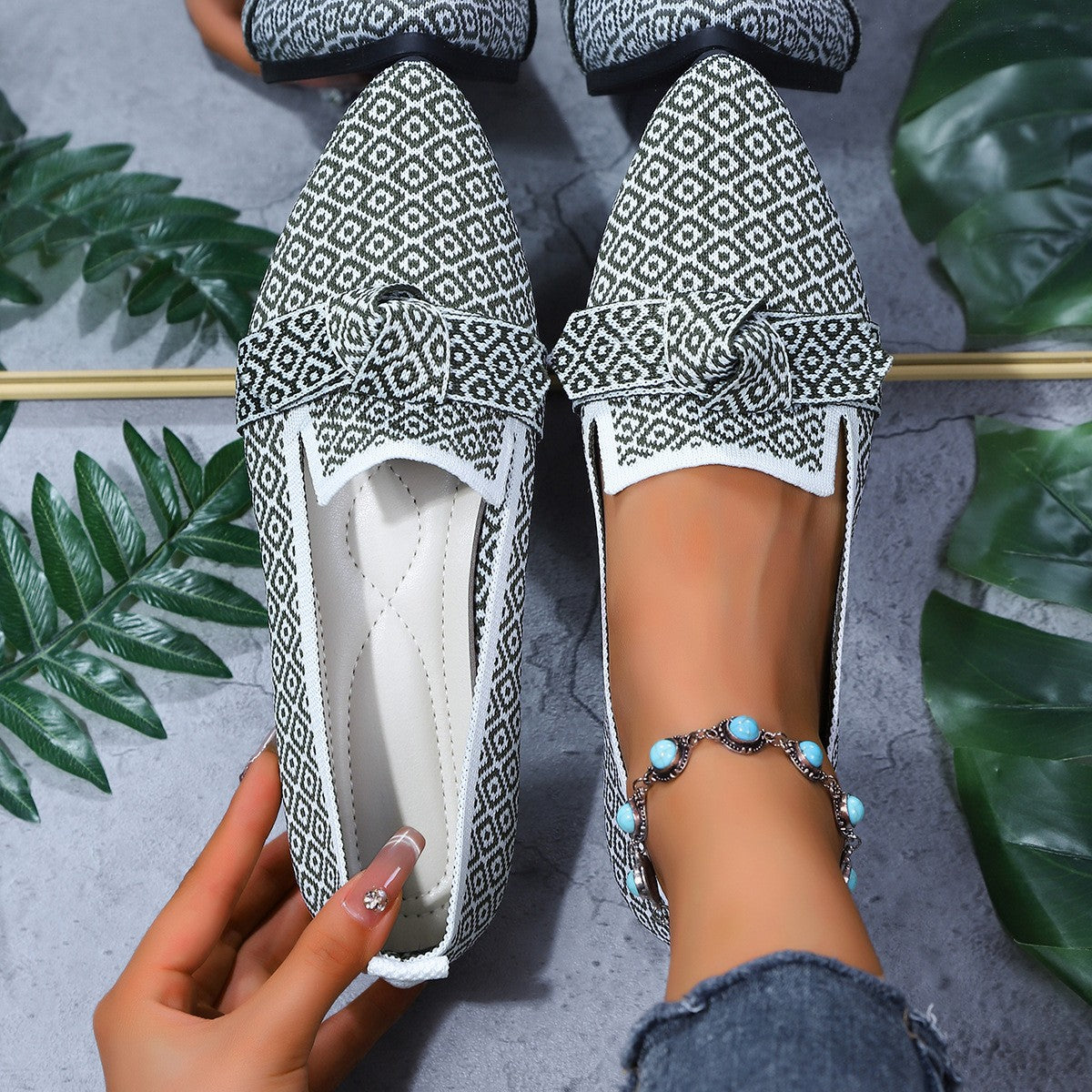 Sarah Express Bow-Tie Loafers | Breathable Mesh Slip-On Pointed Toe Flats Light gray grid