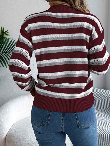 Sarah Express Women's Hollow Out Color Block Stripe Lantern Sleeve Pullover Sweater