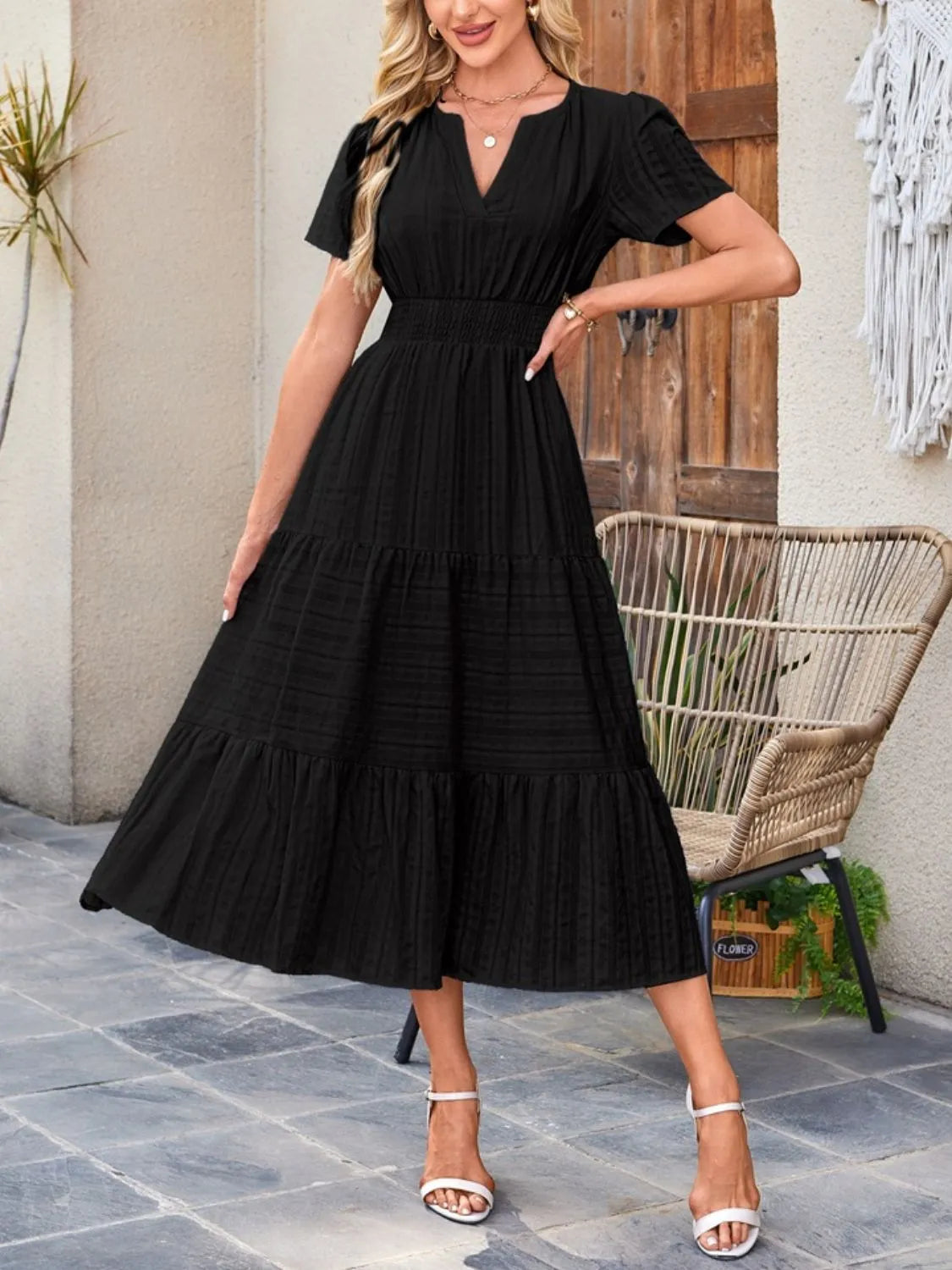 Sarah Express Women's Tiered Notched Short Sleeve Dress