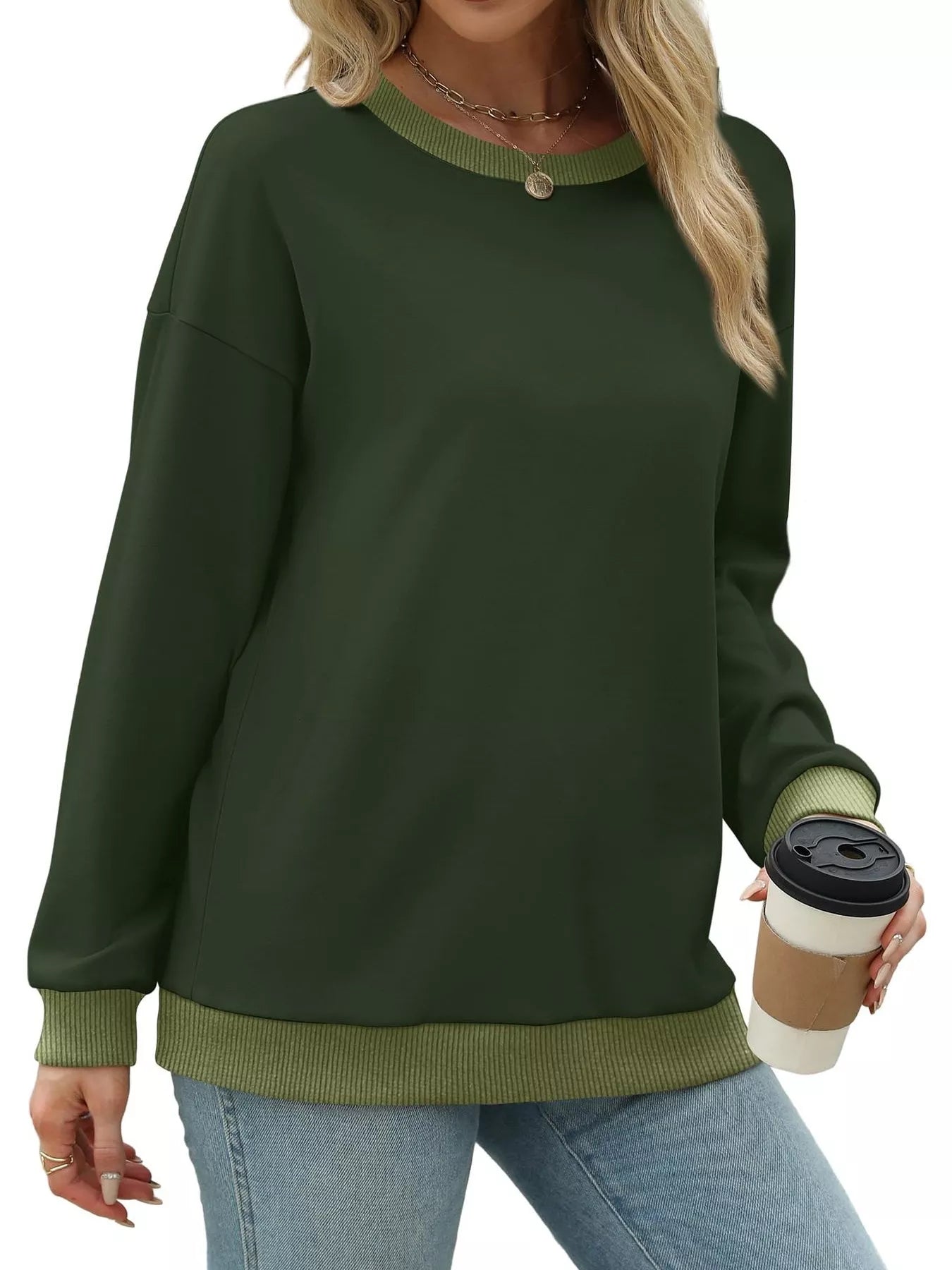Sarah Express Women's Contrast Trim Crew Neck Casual Sweatshirt