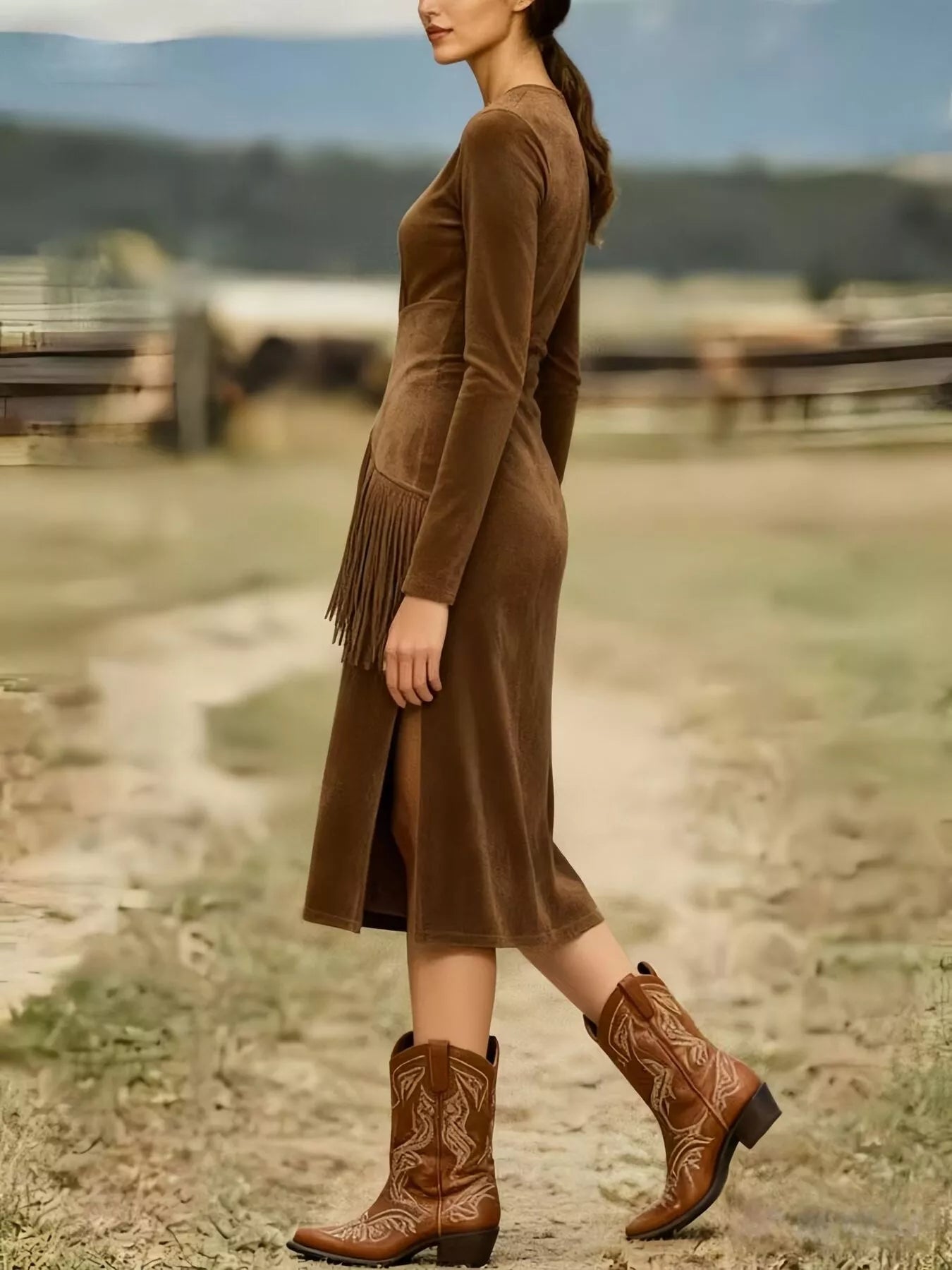 Sarah Express Women's Suede Fringe Long Sleeve Midi Dress - Boho Western Style