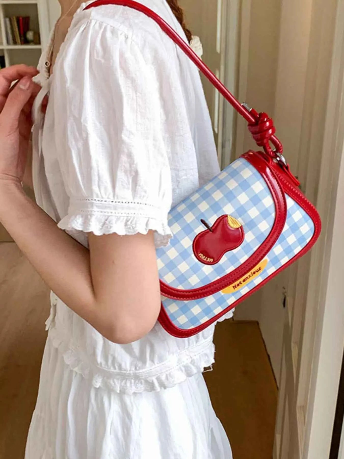 Sarah Express Women's Apple Gingham Shoulder Bag - Small PU Leather Crossbody Handbag