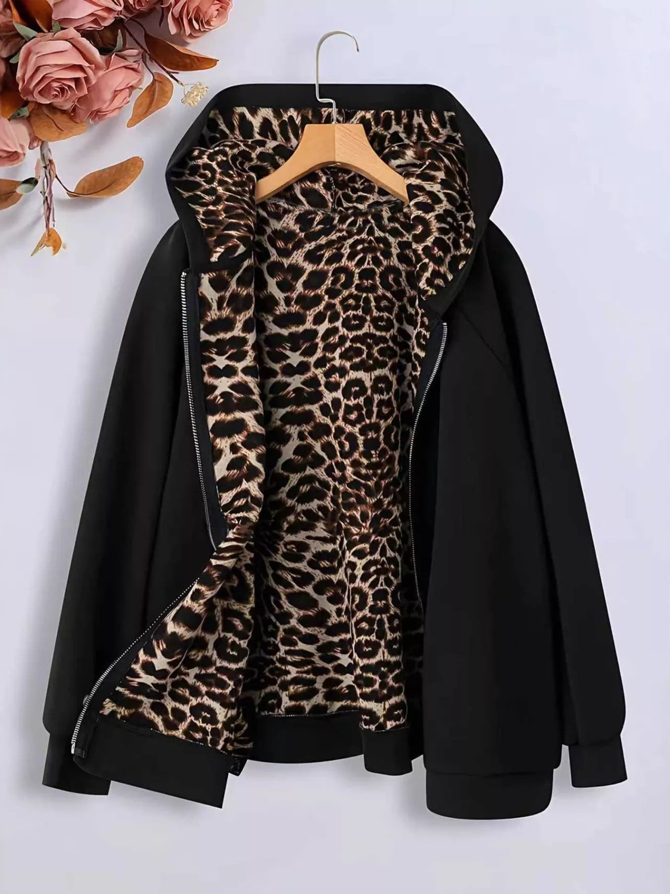 Sarah Express Women's Hooded Leopard Lined Zip-Up Outerwear Black