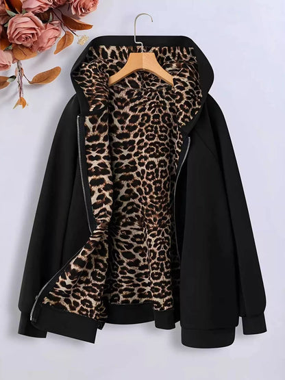 Sarah Express Women's Hooded Leopard Lined Zip-Up Outerwear Black