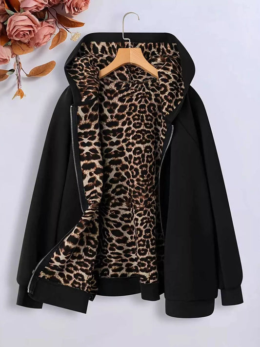 Sarah Express Women's Hooded Leopard Lined Zip-Up Outerwear Black