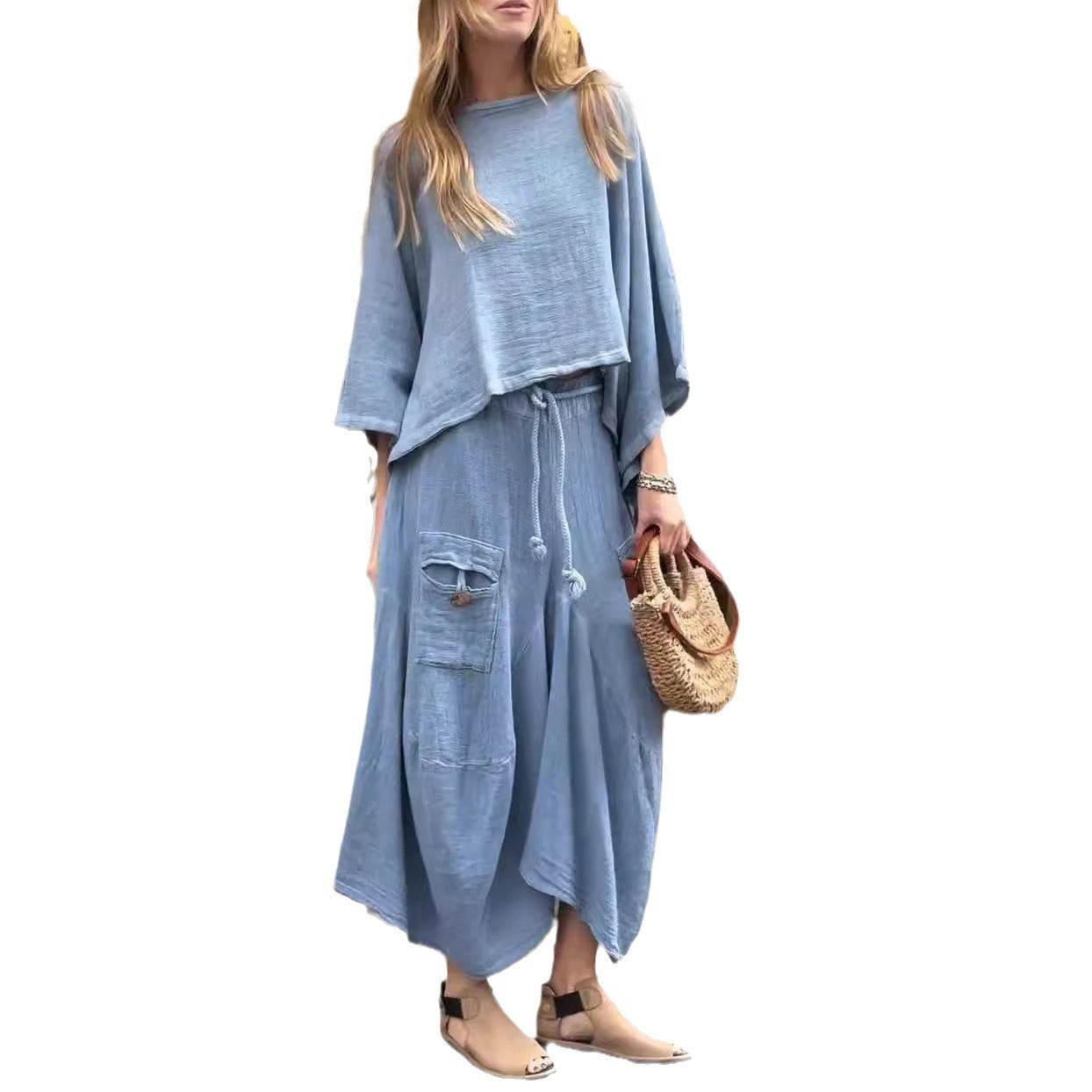 Sarah Express Women's Casual Solid Two Piece Set Loose Top Pants Outfit