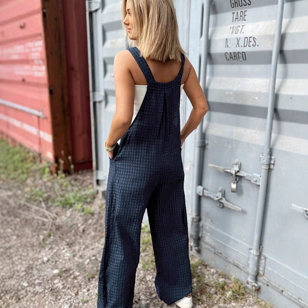Sarah Express Women's High Waist Straight Leg Jumpsuit Sleeveless Casual Dark Blue