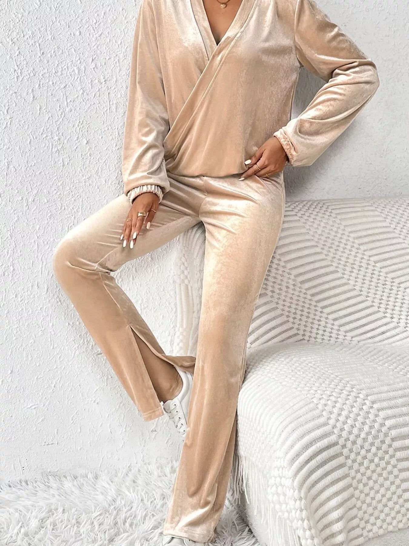 Sarah Express Women's Plus Size Surplice Long Sleeve Top and Pants Set