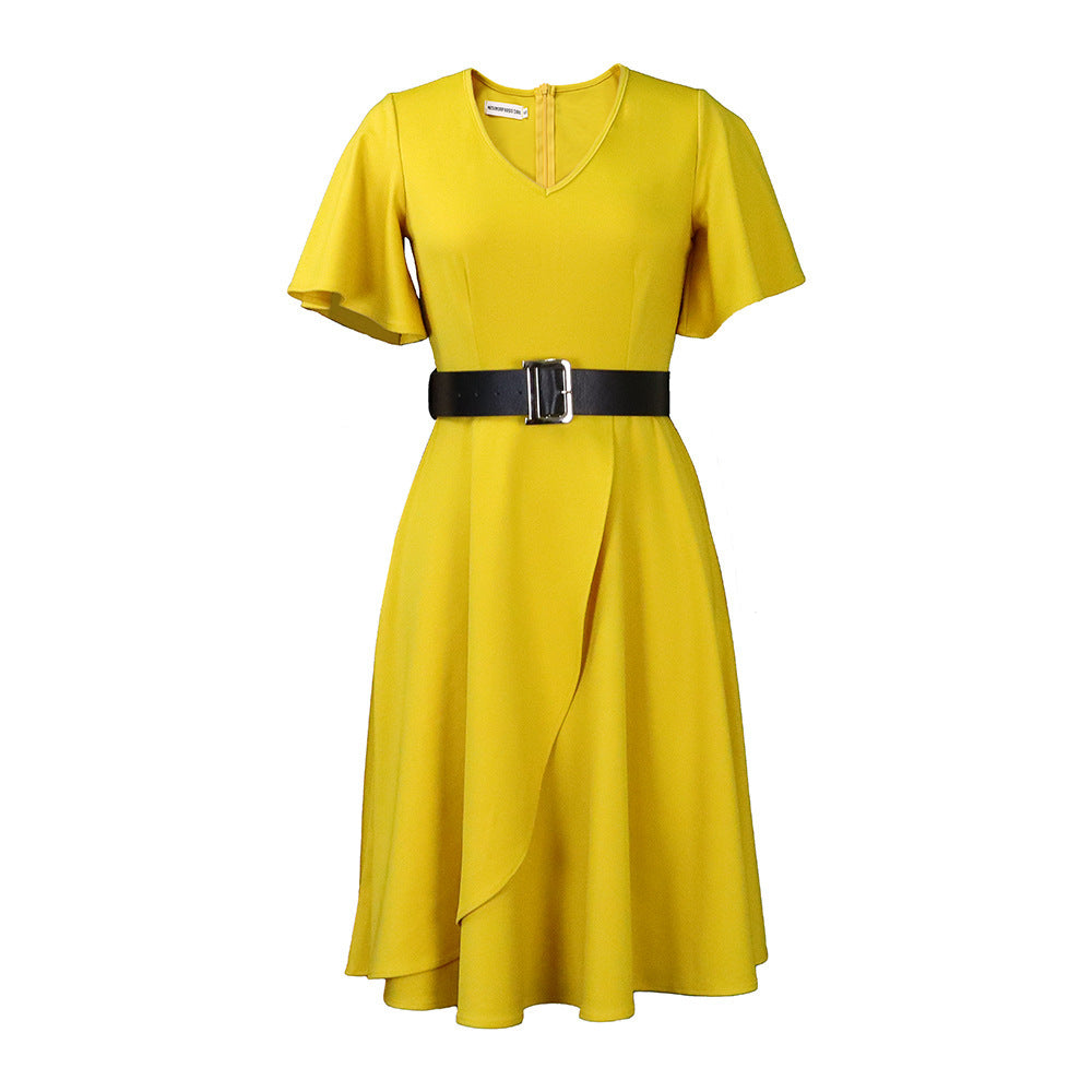 Sarah Express Women's Flared Sleeve Belted High Waist Mid-Length Dress Plus Size