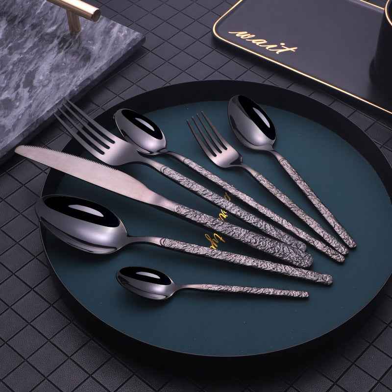 Sarah Express Premium Stainless Steel Steak Knife Fork Set - Embossed Handle Western Cutlery Black 7PCS