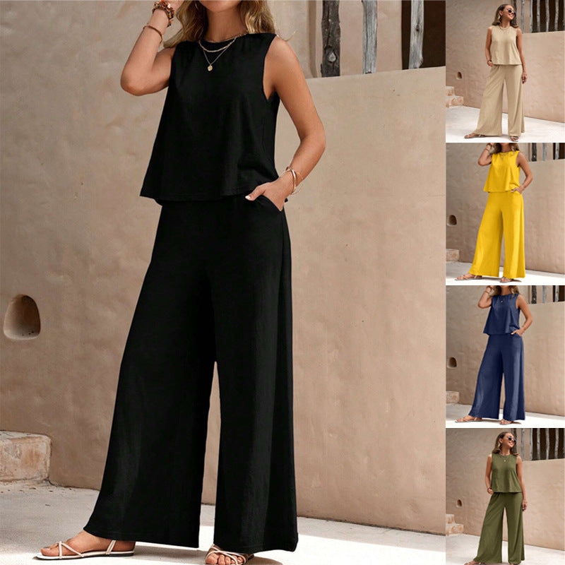 Sarah Express Women's Sleeveless Round Neck Top & Pants Two Piece Casual Set Street Style