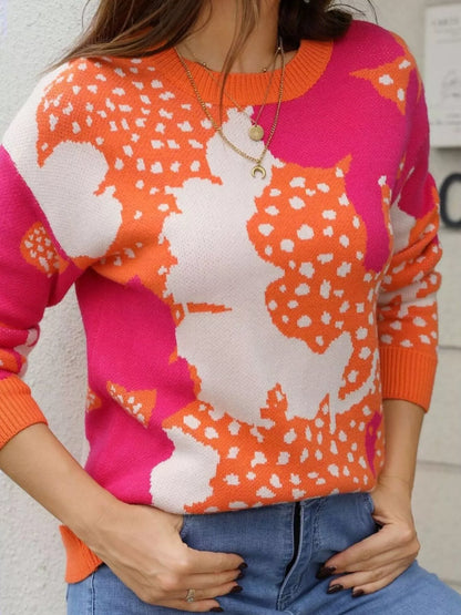 Sarah Express Women's Abstract Pattern Round Neck Sweater Orange