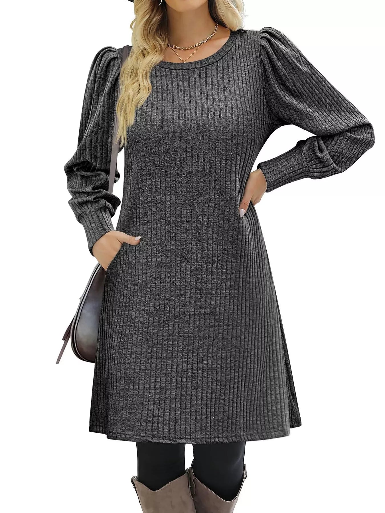 Sarah Express Women's Ribbed Knit Puff Sleeve Mini Dress