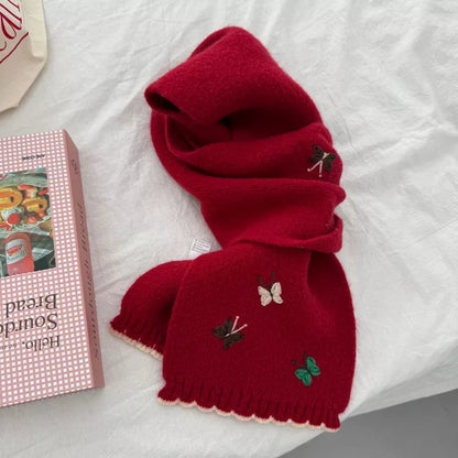 Sarah Express Women's Butterfly Embroidered Knitted Scarf - Soft Polyester Winter Wrap Red ONESIZE