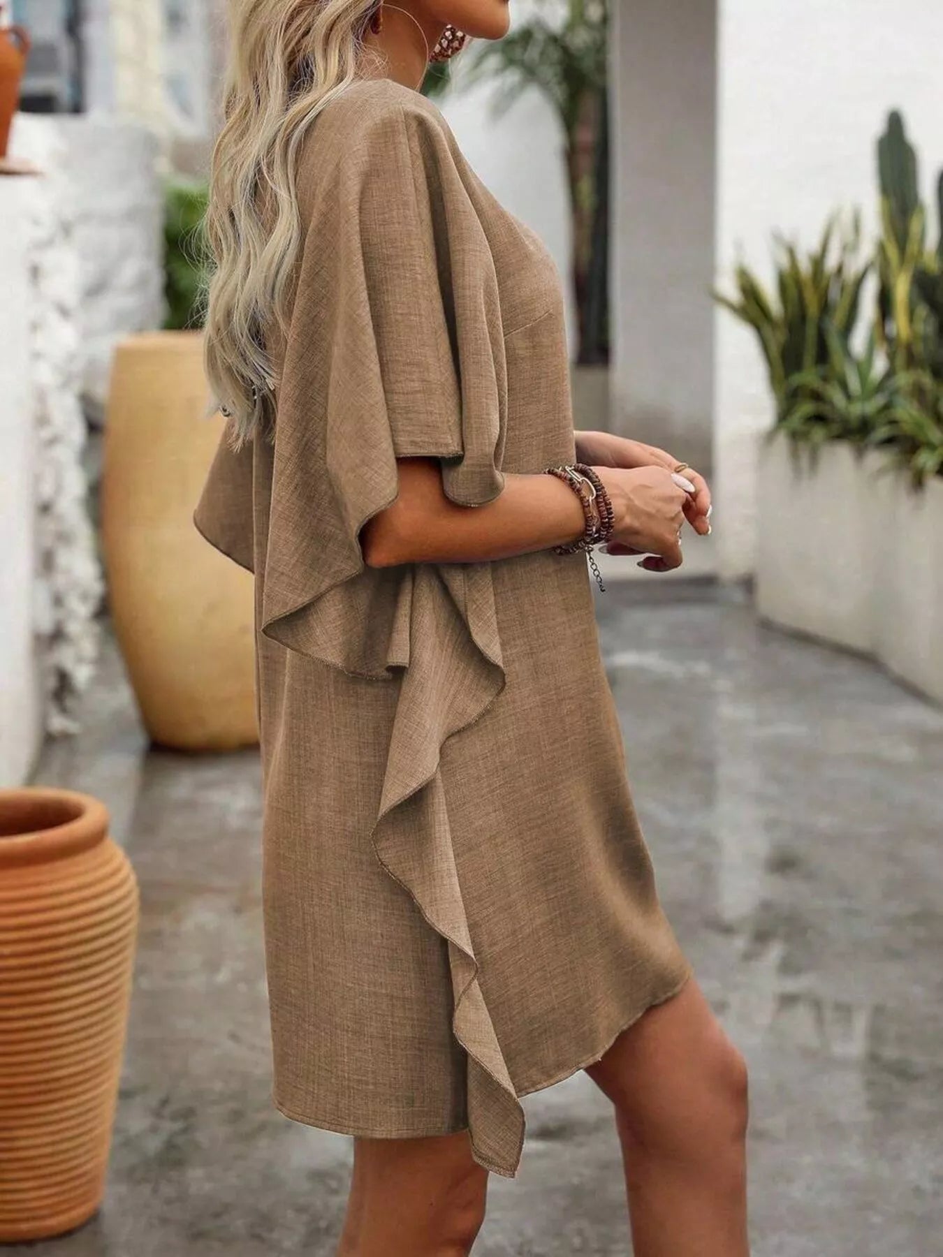 Sarah Express Women's Ruffled Flutter Sleeve V-Neck Mini Dress Khaki