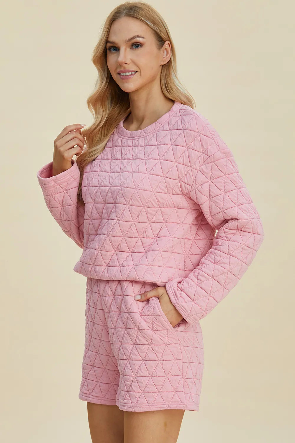 Sarah Express Women’s Plus Size Textured Long Sleeve Top and Shorts Set
