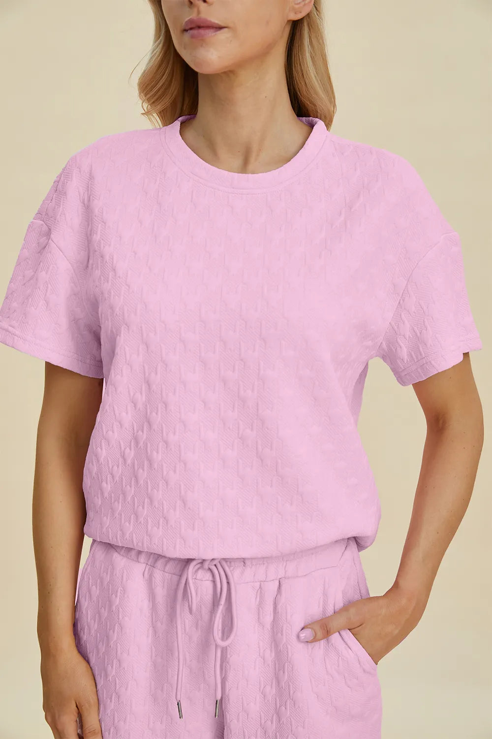 Sarah Express Women's Textured Round Neck Short Sleeve Top and Pants Set