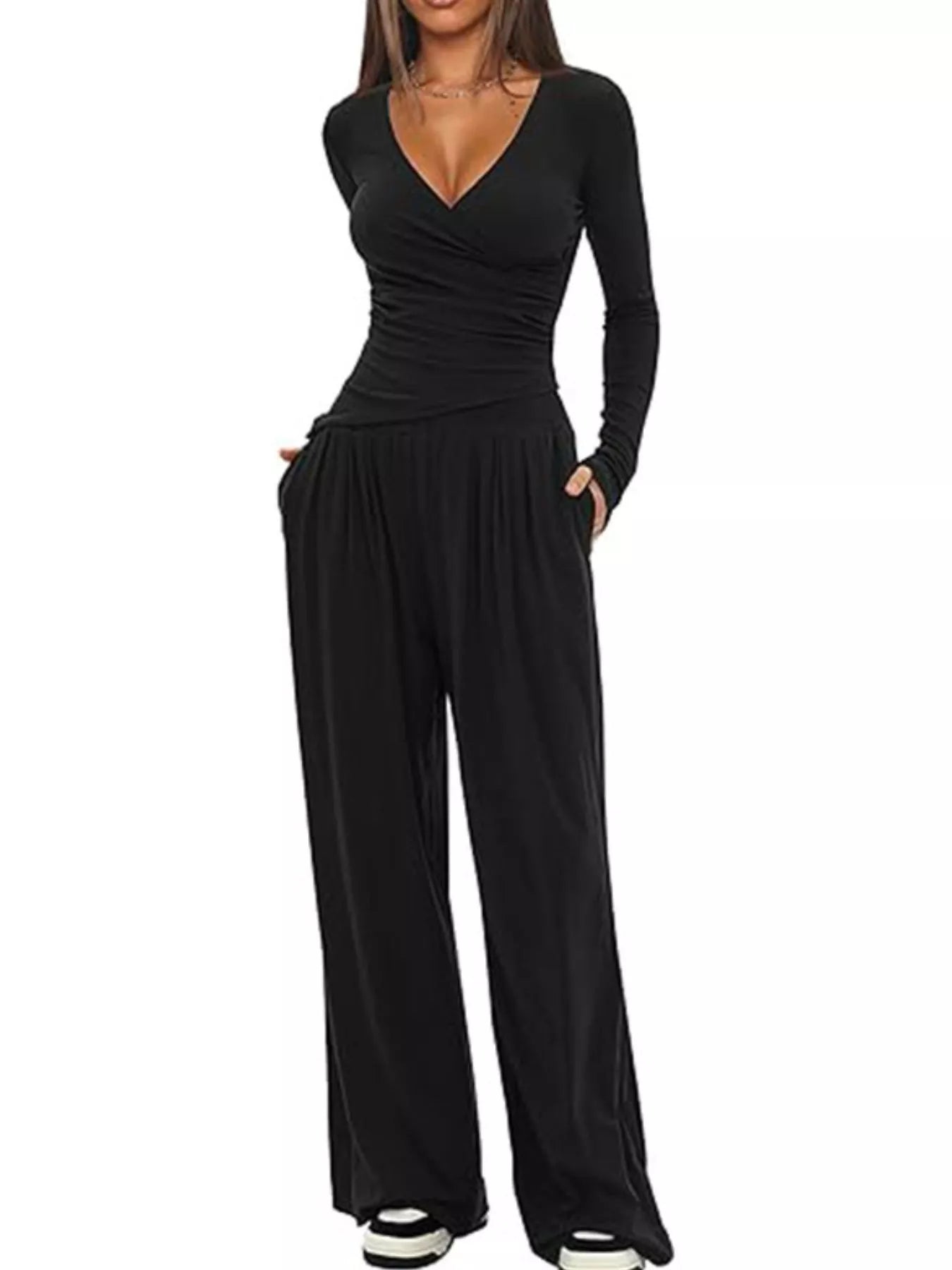 Sarah Express Women's Long Sleeve Top and Wide Leg Pants Set