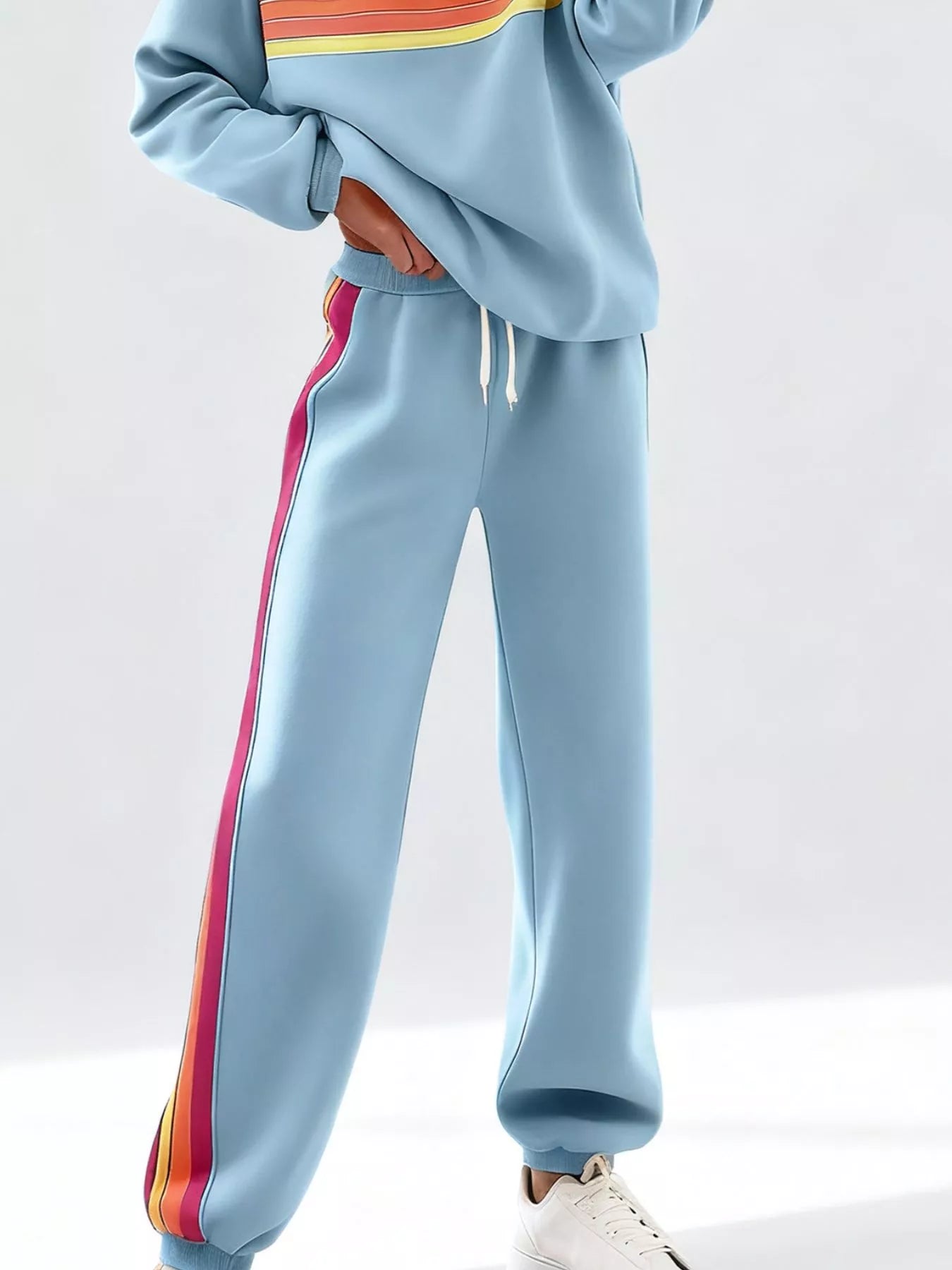 Sarah Express Women's Striped Round Neck Sweatshirt and Pants Lounge Set