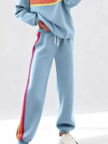 Sarah Express Women's Striped Round Neck Sweatshirt and Pants Lounge Set