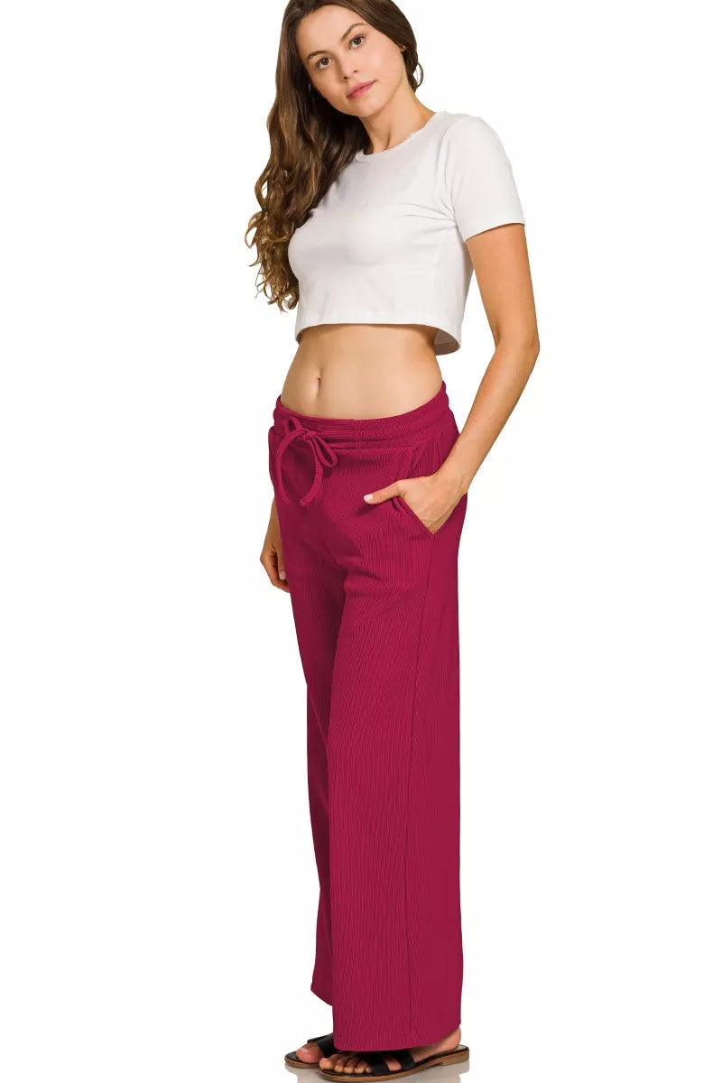 Sarah Express women’s ribbed two-piece lounge set with a round neck pullover top and matching drawstring pants.